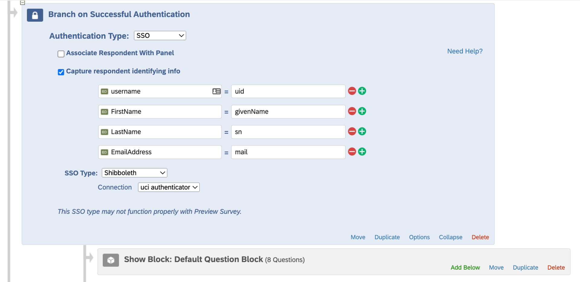 Image of survey flow showing the question block below the login (authentication) block, with the authentication bock configured to collect participant information