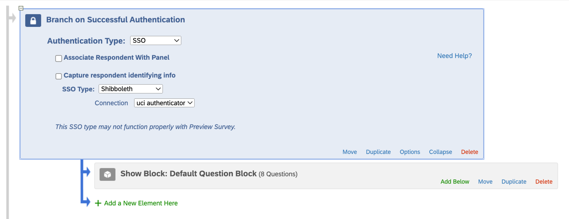Image of survey flow showing the question block below the login (authentication) block