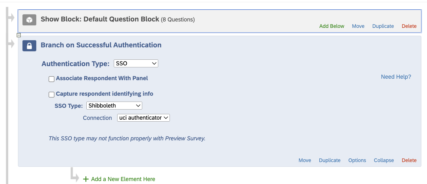 Image of survey flow showing the question block above the login (authentication) block